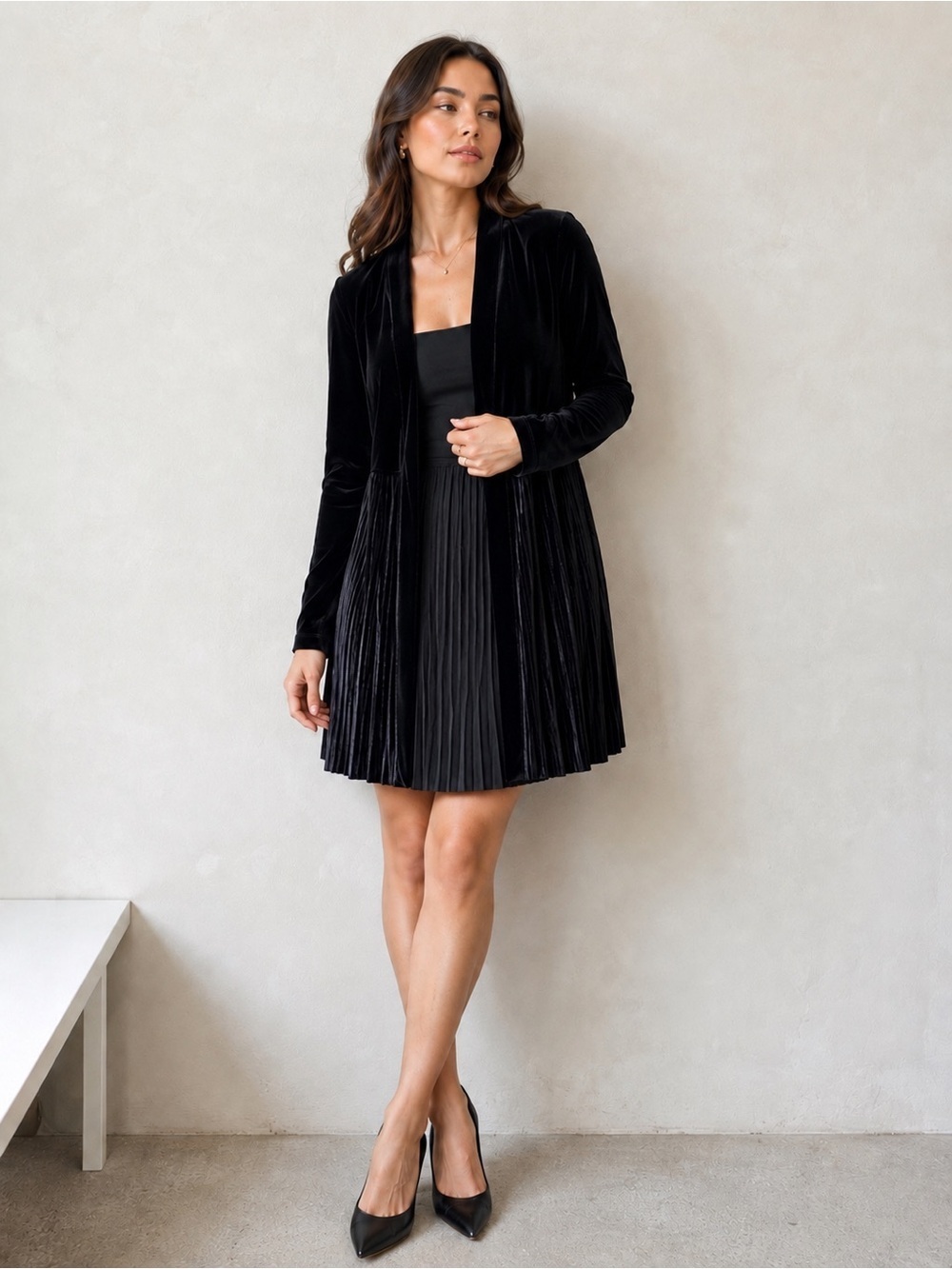 Chico’s Travelers Collection Black Pleated Open Front Jacket Cardigan Size 1